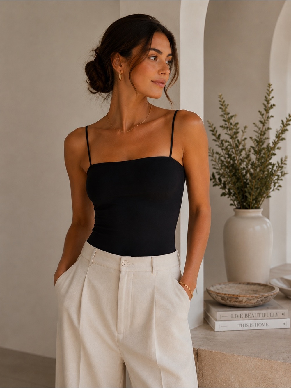 Good American Black Square Neck Stretch Bodysuit Minimalist Size 1/2โ